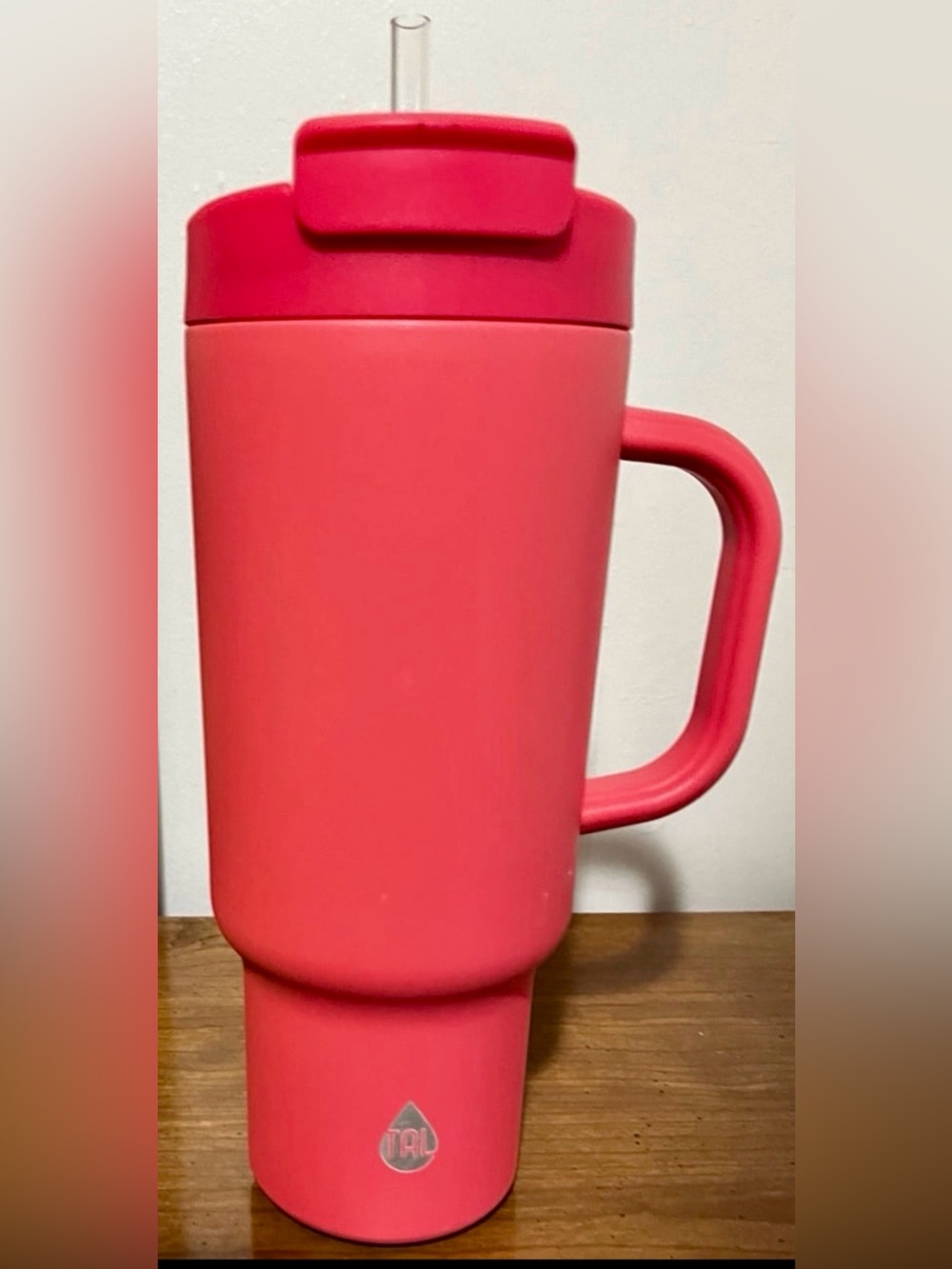 TAL Coral Pink Insulated Travel Mug with Handle and Straw
